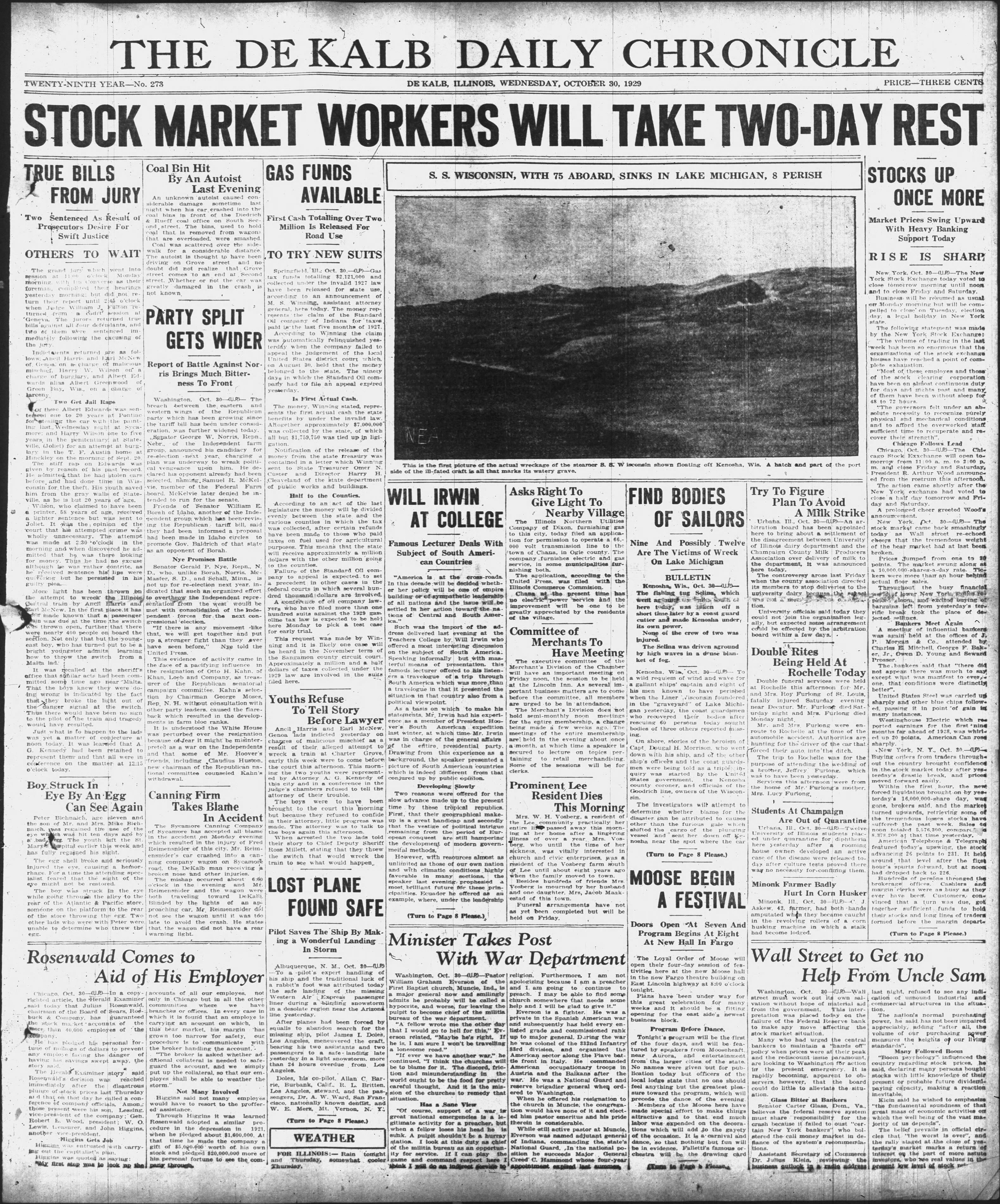 Historical covers for Oct. 30: Stock Market workers will take two-day rest — Schaumburg Schools news